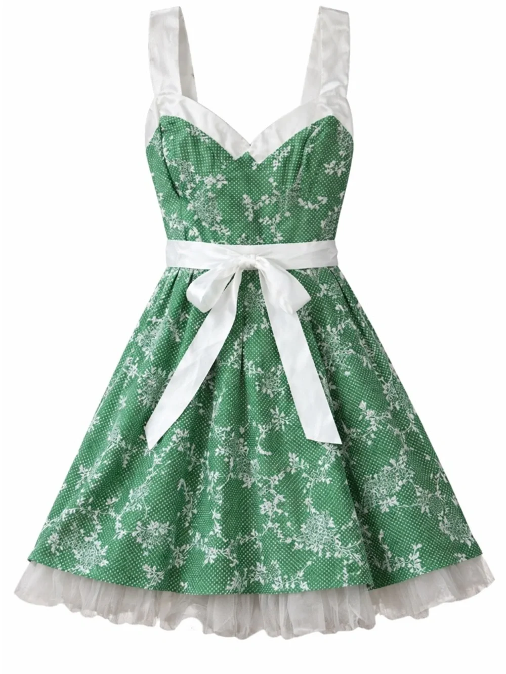 Girls embroidered Whimsy Floral Polka Dot Dress - Green White - Youth M